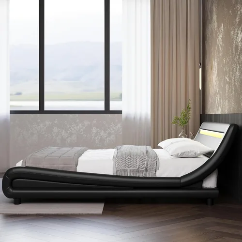 Miniatura 4 de TTVIEW Base de cama LED de perfil bajo de tamaño matrimonial con cabecera ajustable, moderna plataforma tapizada con soporte de listones de madera
