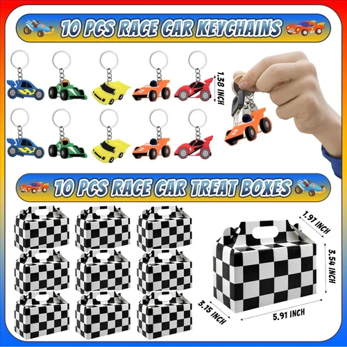 Miniatura 3 de Juego de 120 piezas de regalos de fiesta de coche de carreras con llaveros, pulseras de golpear, pegatinas de tatuajes, pulseras, cajas