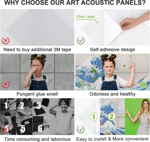Miniatura 4 de Tutmyrea Paneles Acústicos Artísticos, 48" x 32" Almohadillas Autoadhesivas Insonorizantes Paquete de 8 Paneles Acústicos Insonorizados para Pared