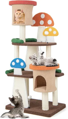 Tangkula - Árbol para gatos en forma de hongo, torre para gatos de varios niveles con postes de sisal completamente envueltos, tableros para rascar