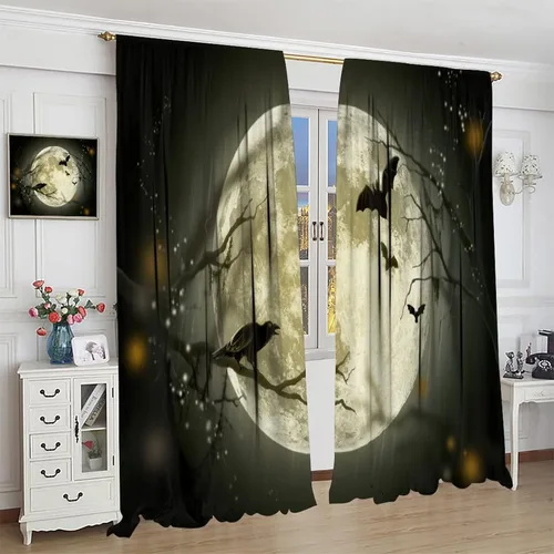 Miniatura 4 de Cortinas de luna llena de Halloween, gótica, noche de Halloween, estampado de murciélago negro, cuervo, tratamiento de ventana para el hogar, niños