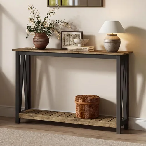 Miniatura 11 de ChooChoo Mesa de Consola para Entrada, Mesas de Sofá para Sala de Estar Estilo Granja, Mesa Estrecha para Pasillo y Vestíbulo con Estante, Negro