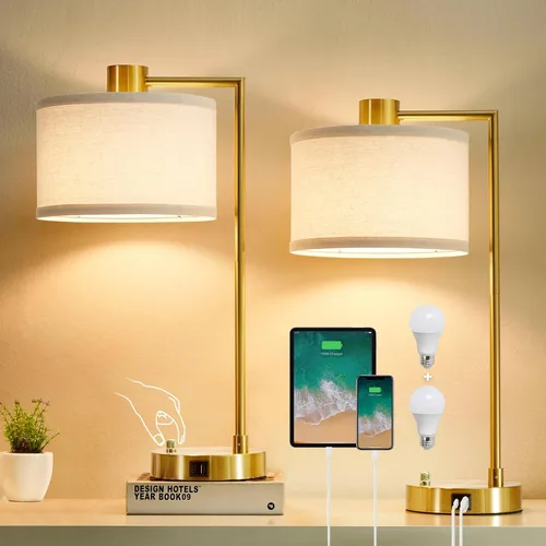 Miniatura 12 de Luvkczc Lámpara de Mesa para Dormitorio Juego de 2 con Puertos USB C+A - Lámpara de Noche Totalmente Regulable Sin Escalones con Pantalla de Lino