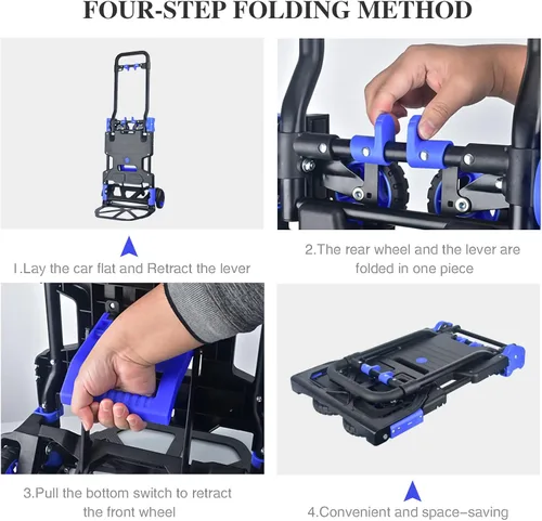 Miniatura 5 de Carretilla de Mano Plegable de Servicio Pesado con Capacidad de Carga de 330 Libras, Carrito Convertible con Mango Retráctil y 4 Ruedas de Goma, Azul