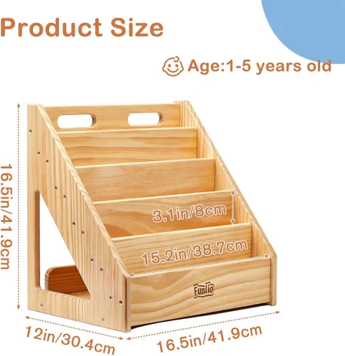 Miniatura 2 de FUNLIO Montessori - Estantería para niños pequeños de 1 a 5 años, con asa y dispositivo antiinclinación, estantería de pino de primera calidad
