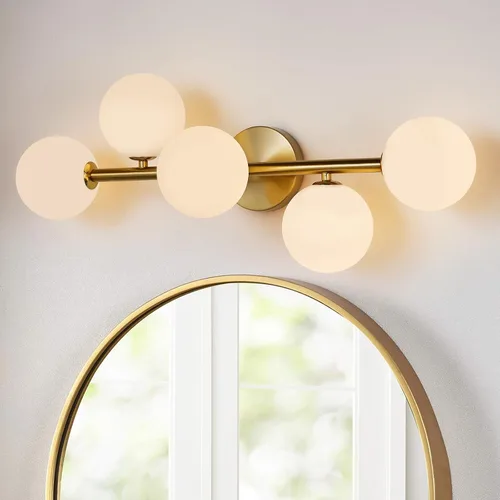 Miniatura 10 de Luminarias de Espejo de Tocador de Baño: Aplique de Pared de Baño Regulable de 5 Luces - Luces de Tocador de Latón Dorado con Pantalla de Vidrio