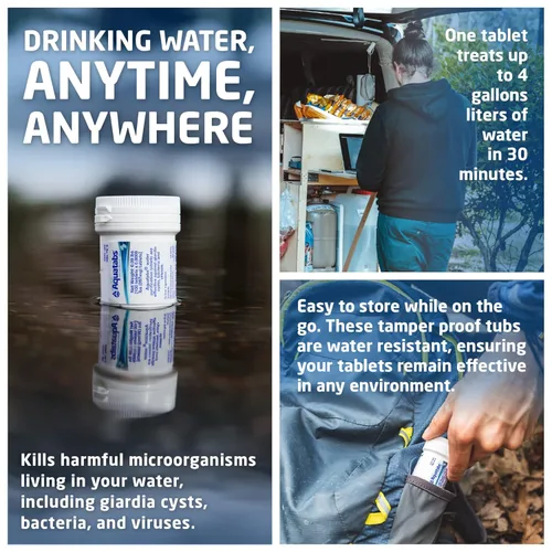 Miniatura 2 de Aquatabs Tabletas de purificación de agua (397 mg, paquete de 100). Sistema de filtración de agua para camping, navegación, agua de emergencia, kit