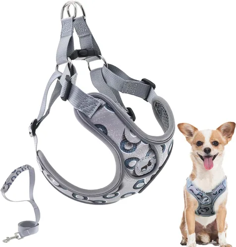 Miniatura 20 de Arnés para perro con juego de correa, arneses para cachorros con acolchado transpirable para entrenamiento y carrera de perros pequeños (XS, gris)