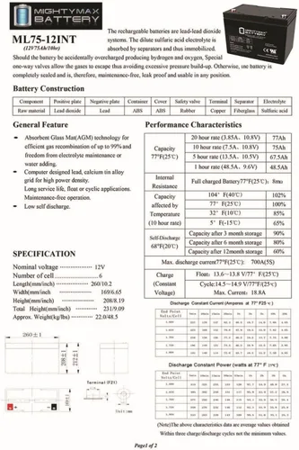 Miniatura 6 de Mighty Max Battery Batería interna del hilo de 12V 75AH para el producto de la marca Hoveround Teknique HD XHD