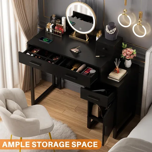 Miniatura 7 de Mesa de tocador con 4 cajones de almacenamiento - Mesa de tocador de maquillaje moderna con estación de carga, mesa de tocador negra con gabinete