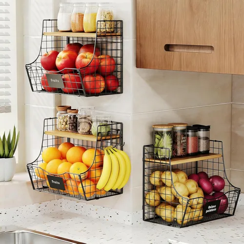Miniatura 4 de Paquete de 3 cestas de frutas para cocina con tapa de madera - Almacenamiento de cebollas y papas montado en mostrador y pared con placa