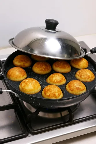 Miniatura 8 de Sartén antiadherente Appam – 12 hoyos con tapa de acero inoxidable para Appam, Paniyaram, Aebleskiver y Paddu Mango resistente al calor Appe Maker