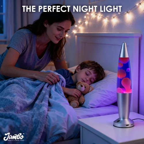 Miniatura 6 de JAMBO Hermosa lámpara líquida con puertos USB, luz de movimiento de 16" con líquido azul y cera morada, luz nocturna relajante, luz ambiental