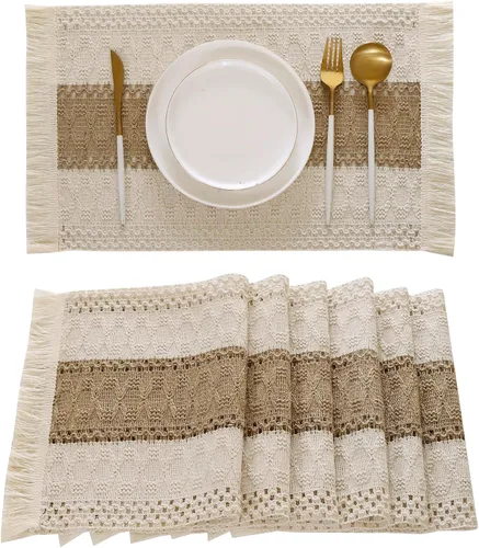 Miniatura 14 de Juego de 4 manteles individuales verdes de macramé para decoración de mesa con flecos, manteles individuales tejidos de arpillera natural para mesa