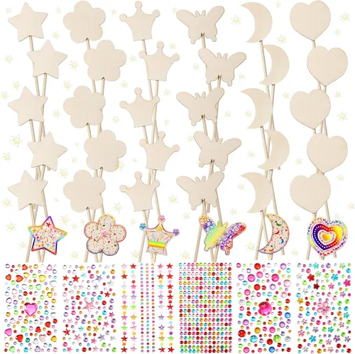 Miniatura 8 de Cindeer Kit de 42 varitas de hada de princesa, 36 piezas de varitas de madera sin terminar con 6 hojas de calcomanías de diamantes coloridos