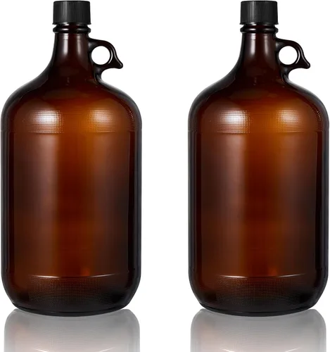 Maxdot Paquete de 2 jarras de fermentación de vidrio de 1 galón con tapa hermética, 128 onzas de vidrio ámbar Carboy con asa para kombucha,