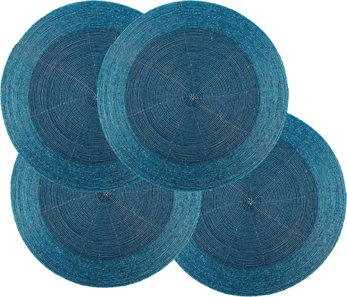Miniatura 9 de Juego de 4 manteles individuales hechos a mano con cuentas azules de 13 pulgadas, hermoso y elegante tapete decorativo brillante para decoración