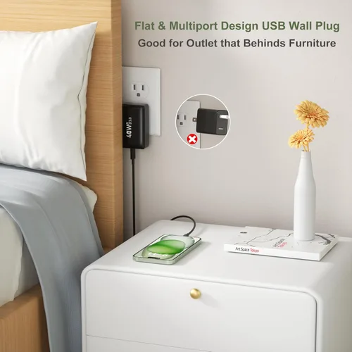 Miniatura 2 de OKRAY - Bloque de carga USB C plano de 40 W, 4 puertos tipo C, enchufe de pared plegable de ladrillo de carga rápida, PD3.0 y QC3.0, adaptador