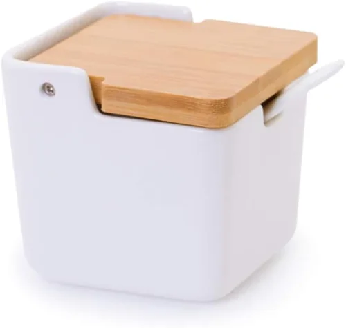 Miniatura 8 de Recipiente de cerámica con tapa y cuchara de bambú, tarro de porcelana de 9.1 onzas líquidas para pimienta con etiqueta de pizarra