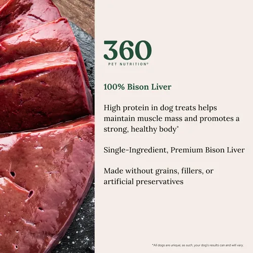 Miniatura 3 de 360 Pet Nutrition Golosinas de hígado de bisonte crudo liofilizado para perros, un solo ingrediente, alto en proteínas, sin granos, aperitivos