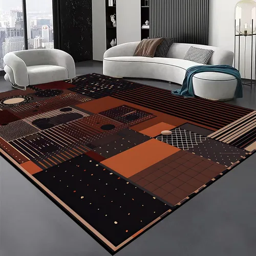 Alfombra geométrica abstracta negra/marrón/naranja de 6x8 pies - Alfombra lavable multicolor moderna retro, alfombra antideslizante para interior