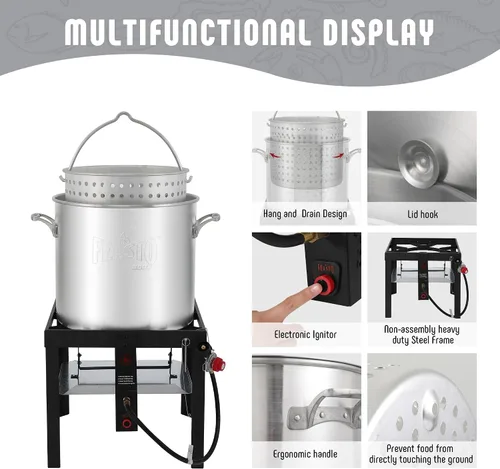 Miniatura 5 de Feasto Olla para hervir mariscos de 60 cuartos de galón con cesta y quemador, kit de olla y quemador de mariscos de aluminio con salida de 100,000