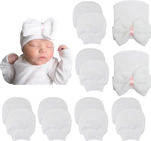 DRESHOW BQUBO Newborn Hospital Hat and Mittens Infant Baby Beanie Soft Cotton Cute Knot Nursery Cap for 0-3 Months Girls Boys