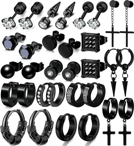 Juego de 16 pares de aretes para hombre, acero inoxidable de alta calidad, hipoalergénicos y elegantes, aretes de cruz para hombre, juego de aretes