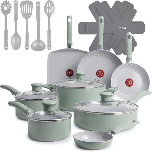 T-Fal Refresh - Juego de utensilios de cocina antiadherentes de cerámica, 20 piezas, apto para horno hasta 350 °F, olla de cocina, ollas y sartenes