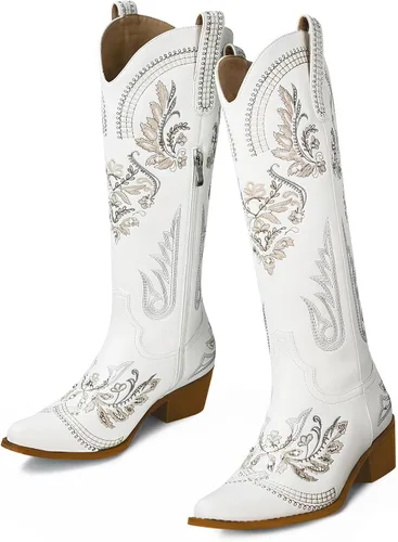 Miniatura 3 de CORNMOOD Botas vaqueras bordadas para mujer, botas vaqueras occidentales de moda con cremallera y tacón de madera Wodden