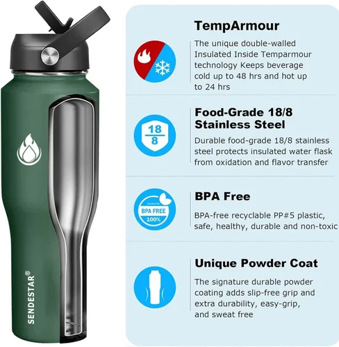 Miniatura 4 de SENDESTAR Botella de Agua de 32 oz de Boca Ancha de Acero Inoxidable con Aislamiento al Vacío de Doble Pared con Tapas de Pajita que Cabe en Verde