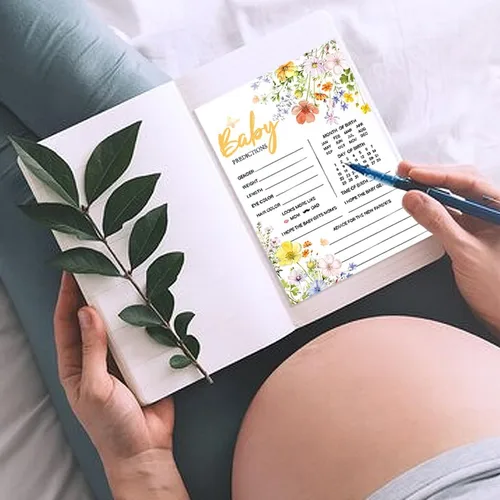 Miniatura 6 de 50 tarjetas de predicción de bebé para juegos de baby shower, tarjetas de deseos y consejos de flores silvestres con caja para decoraciones de baby