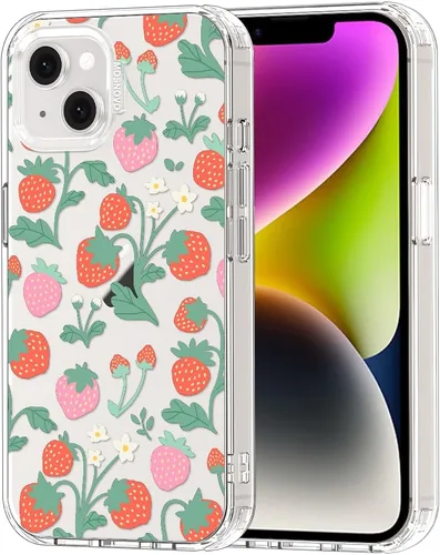 MOSNOVO Funda para iPhone 13/14, grado militar, probada en caídas de 6.6 pies, transparente con diseño de jardín de fresas Claro - Jardín de fresas