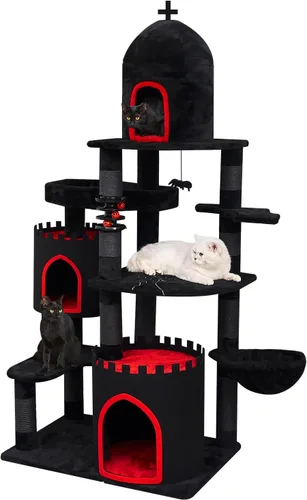 Miniatura 8 de YARUOMY - Árbol gótico para gatos con cama de ataúd, torre para gatos de 55" con amplio condominio para gatos, postes para rascar, bola colgante