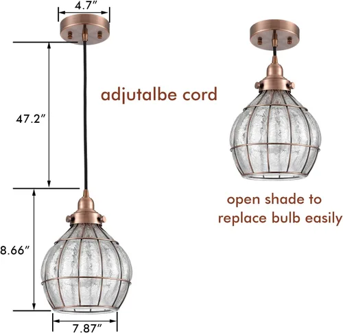 Miniatura 5 de Lámpara colgante para el techo YOBO Lighting, clásica, de alambre rústico y cristal resquebrajado, rojo antiguo cobrizo