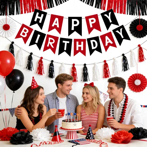 Miniatura 4 de Cartel de feliz cumpleaños negro y rojo – Guirnalda de letras de bricolaje, pancartas colgantes para pared y puerta, decoraciones de fiesta