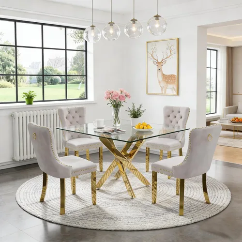 Miniatura 75 de Juego de 4 mesas de comedor de cristal para 4, juego de 4 mesas y sillas de cocina modernas, juego de mesa de comedor de cocina de 5 piezas con mesa