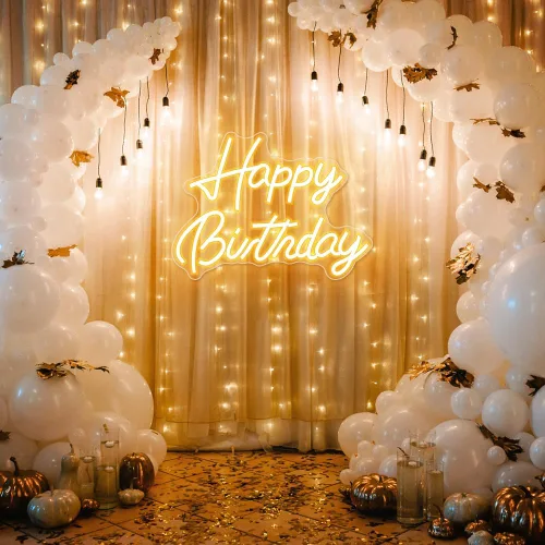 Miniatura 5 de Letrero de neón con texto en inglés «Happy Birthday», «Happy Birthday» con luz LED para telón de fondo, cumpleaños, cualquier edad, decoración