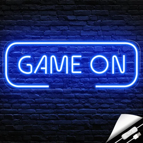 Señal de neón de juegos Kavaas, señal de neón Game On para decoración de sala de juegos - señal de neón LED de juego para decoración de habitación