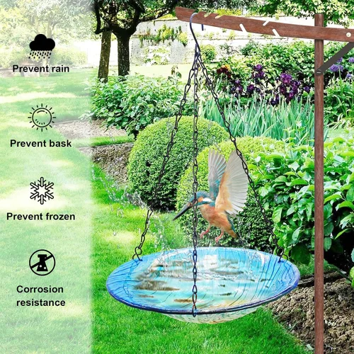 Miniatura 5 de Baño colgante para pájaros, de cristal al aire libre, comedero para pájaros con patrón de textura azul-naranja para decoración de jardín y patio