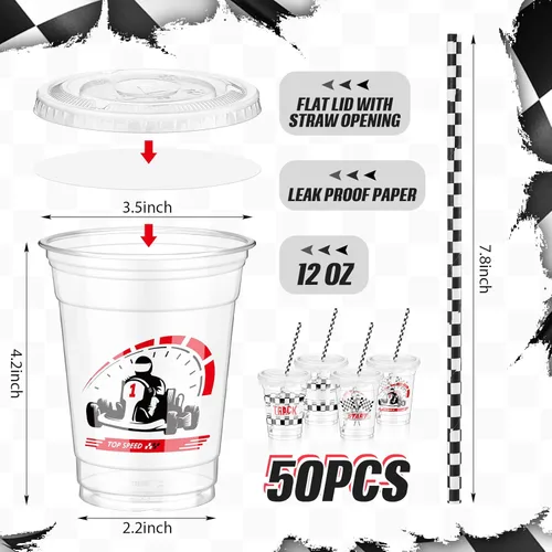 Miniatura 3 de FoldTier 50 piezas de vasos de plástico para fiesta de carreras a cuadros de 12 oz, vasos transparentes gruesos con bandera a cuadros, vasos negros