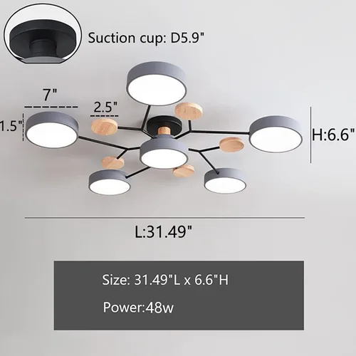 Miniatura 3 de Lámpara de techo LED regulable, 6 luces de techo modernas de 32 pulgadas, lámpara de techo de madera de 48 W para sala de estar, dormitorio, cocina