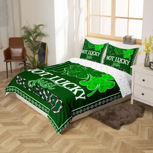 Miniatura 5 de Juego de funda de edredón para el día de San Patricio, tamaño individual, hojas de trébol verdes, diseño de leopardo, plantas a cuadros, funda