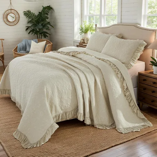 Miniatura 3 de Brandream Juego de Edredón Tamaño Queen de Algodón Beige con Estampado Floral y Enredaderas Matelassé Juego de Colcha con Volantes 3 Piezas