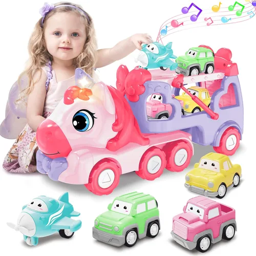 Miniatura 10 de Juguetes de Dinosaurio para Niños 2 3 4 5 6, 5 en 1 Camión de Dinosaurio con 4 Coches de Dino, Luz y Sonido, Juguetes para Niños de 2 a 7 Años