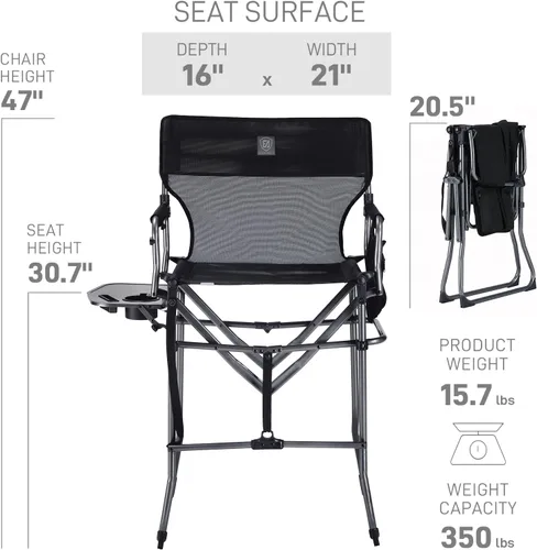 Miniatura 3 de EVER ADVANCED Silla alta de textileno para campamento, silla de directores de malla, taburete de bar plegable alto con mesa auxiliar para Malla Negra