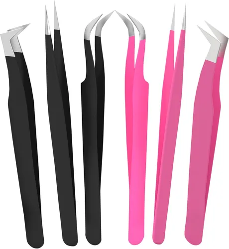 SIVOTE Pinzas de pestañas para extensiones de pestañas para volumen, aislamiento y pestañas clásicas, paquete de 6, negro y rosa