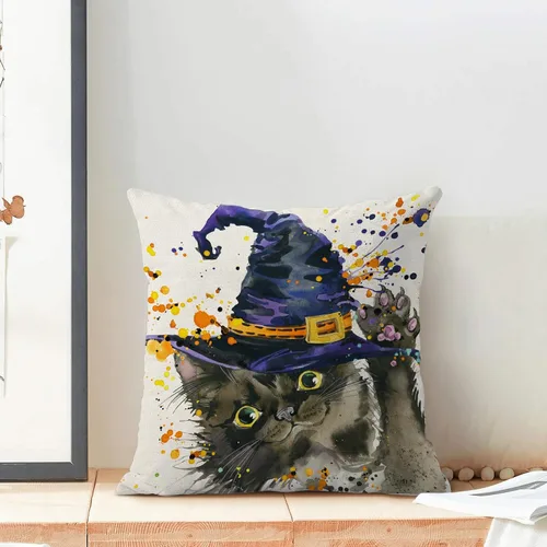 Miniatura 2 de Juego de 2 fundas de almohada de Halloween de 18 x 18 pulgadas, fundas decorativas de Halloween con sombrero de gato y bruja, fundas de almohada