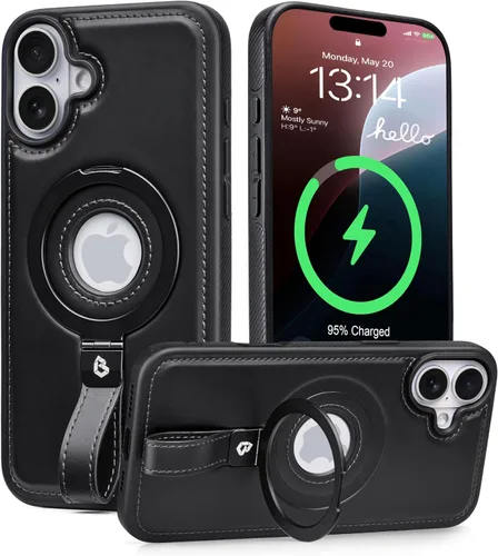 Miniatura 34 de Butaiga - Funda para iPhone 12 Pro Max con correa de cuero, soporte de anillo, color negro Finger Loop, Relieve Smartphone Pinky Strain