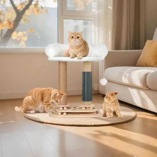 Miniatura 7 de Poste rascador con cama para gatitos pequeños de interior, árbol para gatos 4 en 1 con auto peluquería, bolas de pista, torre de sisal natural